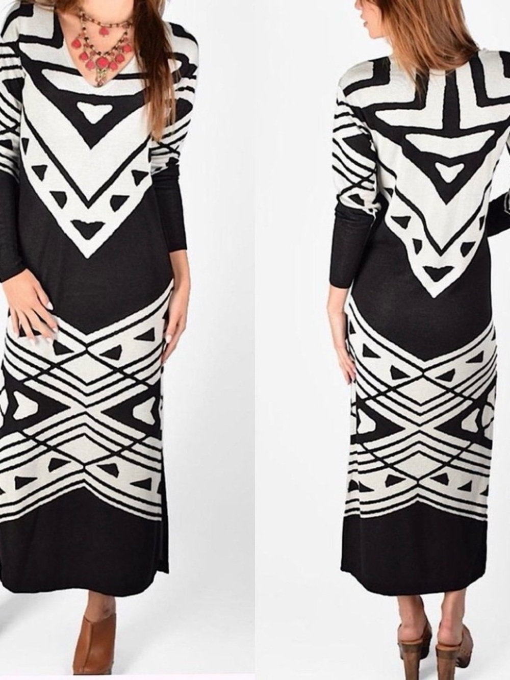 Free People Bauhaus Swit Black & Cream Geometric Knit Maxi Dress XS Boho Tribal